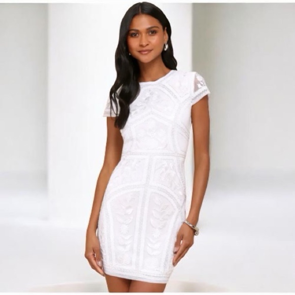Lulu's White Sequin Embroidered Lace Bodycon Dress Small
